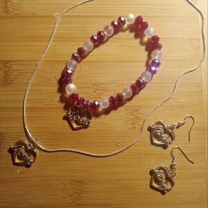Elegant Heart Charm Jewelry Set - Red and Silver
